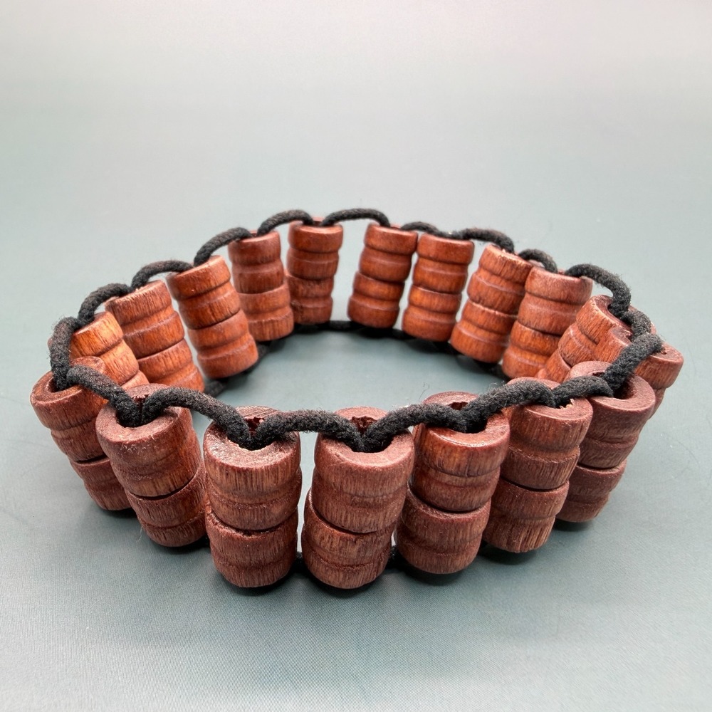 Brown Wooden Bead Stretch Bracelet Wide Chunky Boho Tribal Statement Vintage